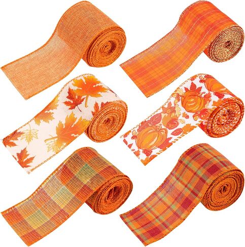 Whaline 6 Rolls Thanksgiving Fall Burlap Ribbon 30 Yard Orange Plaid Autumn Harvest Ribbon Pumpkin Fall Leaves Wired Edge Wrapping Ribbon Rustic Craft Ribbon for Wreath Floral Bows Craft Decor, 2.5In in Saudi Arabia