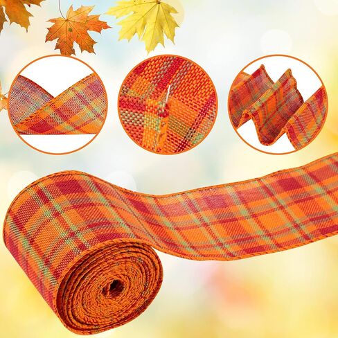 Whaline 6 Rolls Thanksgiving Fall Burlap Ribbon 30 Yard Orange Plaid Autumn Harvest Ribbon Pumpkin Fall Leaves Wired Edge Wrapping Ribbon Rustic Craft Ribbon for Wreath Floral Bows Craft Decor, 2.5In in Saudi Arabia