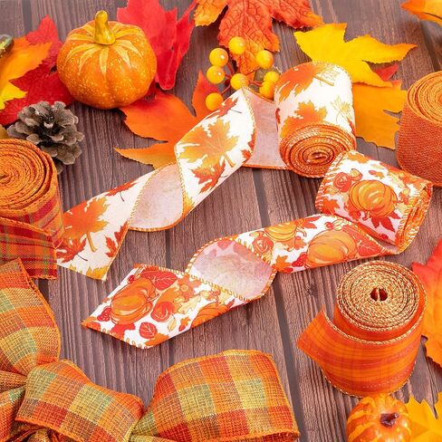 Whaline 6 Rolls Thanksgiving Fall Burlap Ribbon 30 Yard Orange Plaid Autumn Harvest Ribbon Pumpkin Fall Leaves Wired Edge Wrapping Ribbon Rustic Craft Ribbon for Wreath Floral Bows Craft Decor, 2.5In in Saudi Arabia