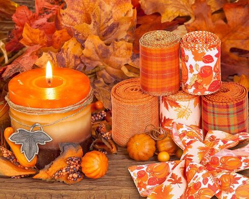 Whaline 6 Rolls Thanksgiving Fall Burlap Ribbon 30 Yard Orange Plaid Autumn Harvest Ribbon Pumpkin Fall Leaves Wired Edge Wrapping Ribbon Rustic Craft Ribbon for Wreath Floral Bows Craft Decor, 2.5In in Saudi Arabia