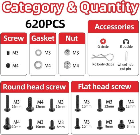 HobbyPark 620pcs RC Screw Kit Screws Assortment Set Hardware RC Repair Tools Kit RC Screwdrivers Hex Drivers for 1/8 1/10 1/12 1/16 Scale RC Car Truck Crawler Buggy Drift Touring in Saudi Arabia