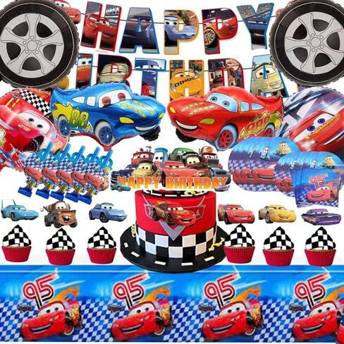 93 قطعة من زينة حفلات عيد الميلاد بطابع السيارة لـ 10 ضيوف للاطفال، مفرش طاولة لحفلات الاطفال، لافتة عيد ميلاد سعيد، زينة علوية للكعك، اعواد تزيين الكب كيك، بالونات من الفويل، اطباق 7 انش، اطباق 9 انش in Kuwait