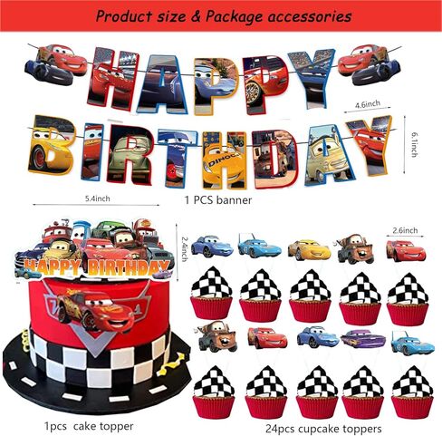 93 قطعة من زينة حفلات عيد الميلاد بطابع السيارة لـ 10 ضيوف للاطفال، مفرش طاولة لحفلات الاطفال، لافتة عيد ميلاد سعيد، زينة علوية للكعك، اعواد تزيين الكب كيك، بالونات من الفويل، اطباق 7 انش، اطباق 9 انش in Kuwait
