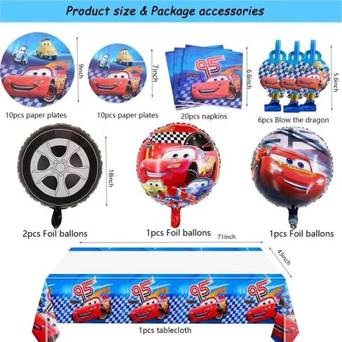 93 قطعة من زينة حفلات عيد الميلاد بطابع السيارة لـ 10 ضيوف للاطفال، مفرش طاولة لحفلات الاطفال، لافتة عيد ميلاد سعيد، زينة علوية للكعك، اعواد تزيين الكب كيك، بالونات من الفويل، اطباق 7 انش، اطباق 9 انش in Kuwait