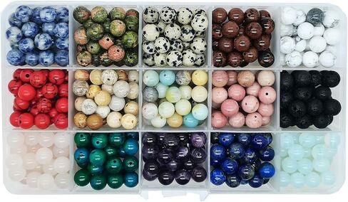 1200 قطعة 6 مم خرز حجر مستدير طبيعي وصناعي خرز أحجار كريمة فضفاضة حجم ثقب 1 مم DIY خرز ناعم لقلادة السوار والأقراط وصناعة المجوهرات، صندوق معبأة (24 مادة - 6 مم) in Kuwait