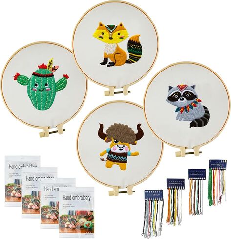 Locisne 4 Set Embroidery Stitching Kits, 6 Inch Animal Embroidery Pattern Beginner Embroidery Kit, Embroidery Materials All Contain, Craft Sewing Gifts for Children Aged 7-13 in Kuwait