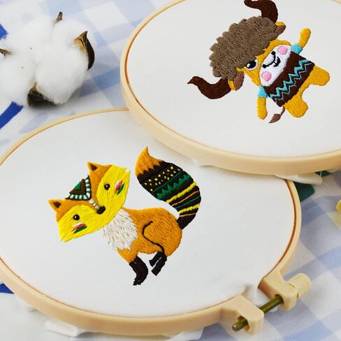 Locisne 4 Set Embroidery Stitching Kits, 6 Inch Animal Embroidery Pattern Beginner Embroidery Kit, Embroidery Materials All Contain, Craft Sewing Gifts for Children Aged 7-13 in Kuwait
