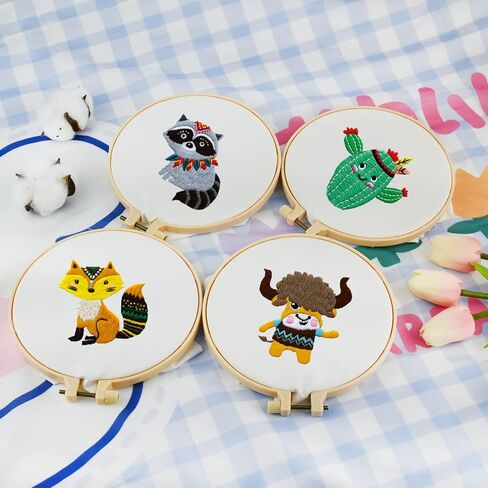Locisne 4 Set Embroidery Stitching Kits, 6 Inch Animal Embroidery Pattern Beginner Embroidery Kit, Embroidery Materials All Contain, Craft Sewing Gifts for Children Aged 7-13 in Kuwait