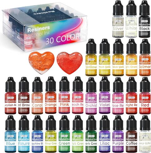 حبر كحول راتنجات لراتنجات الإيبوكسي - 30 لونًا حبر قائم على الكحول عالي التركيز، صبغة طلاء راتنجات الإيبوكسي لطبق بيتري الراتنج، كوستر، طلاء، كوب بهلوان، صناعة المجوهرات (10 مل لكل منها) in Kuwait