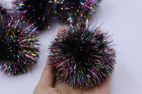 YYCRAFT 15pcs Jumbo Glitter Tinsel Pom Poms Sparkle Balls for DIY Craft,Cat Toys(2 Inch,Rainbow Black) in Saudi Arabia