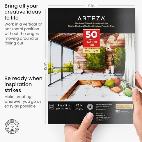 Arteza Marker Pad, 9 x 12 Inches, 50 Sheets, Smooth 73-lb Paper, Glue-Bound, for Alcohol Markers and Fineliner Pens, Art Supplies for Drawing, Sketching, Coloring, and Lettering in Saudi Arabia