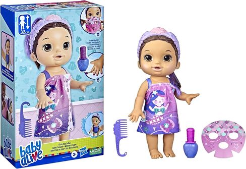 Baby Alive Glam Spa Baby Doll, Mermaid, Makeup Toy for Kids 3 and Up, Color Reveal Mani-Pedi and Makeup, 12.6-Inch Waterplay Doll, Brown Hair in Saudi Arabia