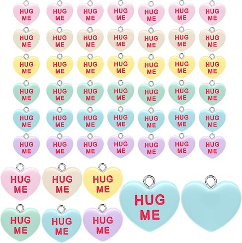 48 Pcs Valentine Heart Charm Resin Heart Charm Pendant Pastel Flat Key Chain Charm Dangle Pendant Craft Supply for Jewelry Making, 0.75 x 0.63 Inch in Saudi Arabia
