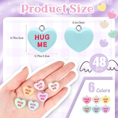 48 Pcs Valentine Heart Charm Resin Heart Charm Pendant Pastel Flat Key Chain Charm Dangle Pendant Craft Supply for Jewelry Making, 0.75 x 0.63 Inch in Saudi Arabia