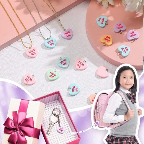 48 Pcs Valentine Heart Charm Resin Heart Charm Pendant Pastel Flat Key Chain Charm Dangle Pendant Craft Supply for Jewelry Making, 0.75 x 0.63 Inch in Saudi Arabia