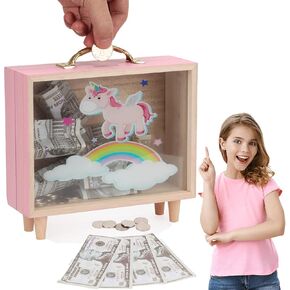 DIAOKANAI Kids Unicorn Piggy Bank للفتيات 4 5 6 7 8 9 10 11 12 13 عامًا من الزجاج الشفاف للعملات المعدنية لطيف وردي خشبي كبير بنك المال الآمن، جرة توفير كبيرة، كبيرة in Kuwait