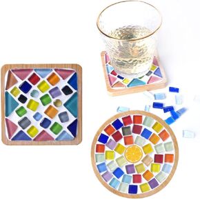 ACADOIT Glass Mosaic Tiles Coaster Bamboo Crafts for Adults Kid、Mixed Color Materials Package 2 Pieces Kit Home Decoration Gift (2-Mixed Color)