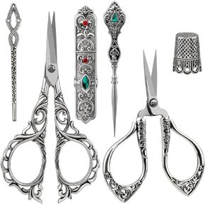 طقم مقص تطريز UOOU مكون من 6 قطع، مقص تطريز عتيق يتضمن زوجين من مقص عتيق، كشتبان، مخرز، حقيبة إبرة وإبرة، مجموعة مقص كاملة لأدوات الخياطة اليدوية (نحاس أحمر) in Kuwait