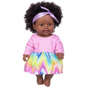 ZQDOLL 11.8 Inch Black Baby Girl Doll and Clothes Set African American Realistic Soft Silicone Washable Dark Skin Baby Doll with Cute Curly Hair and Rainbow Color Dress-Best Gift for Kids Girls in Kuwait
