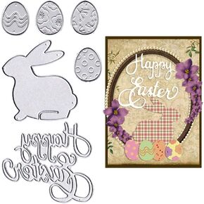 ALIBBON Happy Easter Rabbit Egg Die Cuts for Card Making, 4 Easter Eggs Cutting Dies Metal Template Molds, Easter Words Dies for Crafting DIY Photo Album Embossing Scrapbooking Supplies