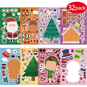 ملصقات عيد الميلاد للأطفال، 32 ورقة تصنع ملصقات للوجه بنفسك، اصنع حيوان الرنة رجل الثلج سانتا كلوز الخاص بك، ملصقات عيد الميلاد للأولاد والبنات هدايا ألعاب حفلات عيد الميلاد in Kuwait