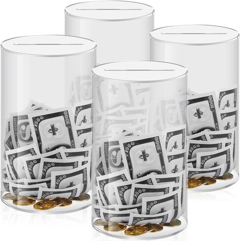 Wesiti 4 Pieces Clear Piggy Bank for Adults Kids Acrylic Cylinder Money Jar Break to Open Savings Box for Cash Coins Diameter for Boys Girls Birthday Home Decoration, 10" H x 6" Diameter in Saudi Arabia