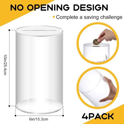 Wesiti 4 Pieces Clear Piggy Bank for Adults Kids Acrylic Cylinder Money Jar Break to Open Savings Box for Cash Coins Diameter for Boys Girls Birthday Home Decoration, 10" H x 6" Diameter in Saudi Arabia