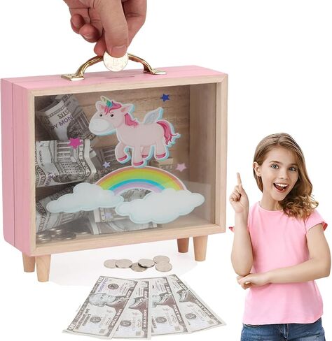 DIAOKANAI Kids Unicorn Piggy Bank للفتيات 4 5 6 7 8 9 10 11 12 13 عامًا من الزجاج الشفاف للعملات المعدنية لطيف وردي خشبي كبير بنك المال الآمن، جرة توفير كبيرة، كبيرة in Kuwait