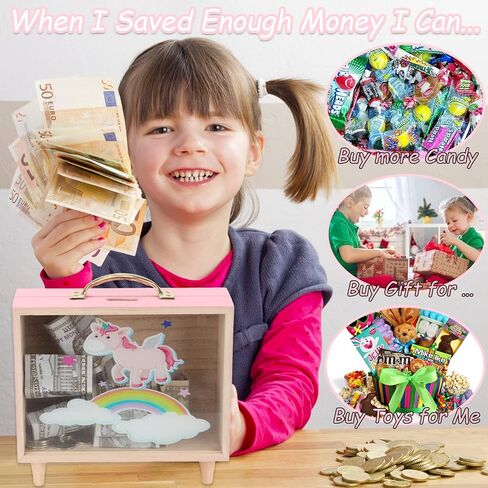 DIAOKANAI Kids Unicorn Piggy Bank للفتيات 4 5 6 7 8 9 10 11 12 13 عامًا من الزجاج الشفاف للعملات المعدنية لطيف وردي خشبي كبير بنك المال الآمن، جرة توفير كبيرة، كبيرة in Kuwait