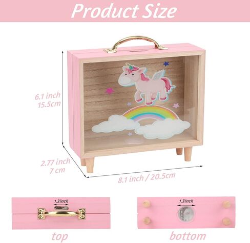 DIAOKANAI Kids Unicorn Piggy Bank للفتيات 4 5 6 7 8 9 10 11 12 13 عامًا من الزجاج الشفاف للعملات المعدنية لطيف وردي خشبي كبير بنك المال الآمن، جرة توفير كبيرة، كبيرة in Kuwait