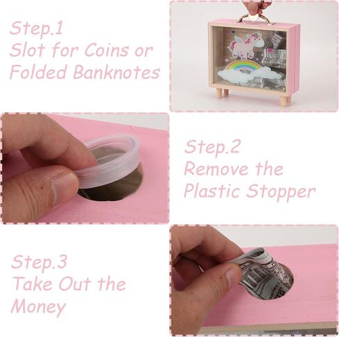 DIAOKANAI Kids Unicorn Piggy Bank للفتيات 4 5 6 7 8 9 10 11 12 13 عامًا من الزجاج الشفاف للعملات المعدنية لطيف وردي خشبي كبير بنك المال الآمن، جرة توفير كبيرة، كبيرة in Kuwait