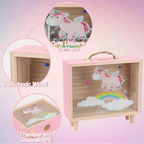 DIAOKANAI Kids Unicorn Piggy Bank للفتيات 4 5 6 7 8 9 10 11 12 13 عامًا من الزجاج الشفاف للعملات المعدنية لطيف وردي خشبي كبير بنك المال الآمن، جرة توفير كبيرة، كبيرة in Kuwait