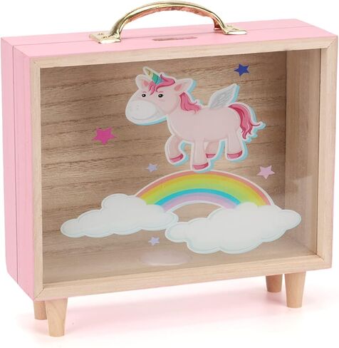 DIAOKANAI Kids Unicorn Piggy Bank للفتيات 4 5 6 7 8 9 10 11 12 13 عامًا من الزجاج الشفاف للعملات المعدنية لطيف وردي خشبي كبير بنك المال الآمن، جرة توفير كبيرة، كبيرة in Kuwait