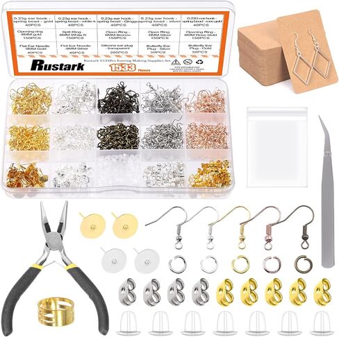Rustark 1533Pcs Hypoallergenic Earring Making Supplies Kit with Earring Hook, Earring Back, Earring Posts, Jump Ring, Jewelry Pliers, Earring Holder Card, Clear Bag for Jewelry Making Earring Repair in Saudi Arabia