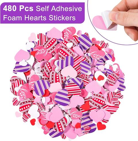 Whaline 504 Pcs Valentine's Day Foam Hearts Craft Set Including 24pcs Multicolor Foam Hearts,480pcs Self Adhesive Heart Foam Stickers and 3 Sheets Glue Point for Valentines Crafts Decor in Saudi Arabia