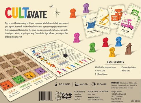 Cultivate Board Game | Award-Winning | Satirical Cult Leaders | Casual Board Game | Take-That | Ages 14+ | for 2-5 Players | 20-50 Min Playtime | Made by Pops & Bejou Games in Saudi Arabia