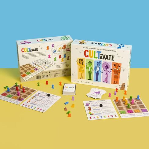 Cultivate Board Game | Award-Winning | Satirical Cult Leaders | Casual Board Game | Take-That | Ages 14+ | for 2-5 Players | 20-50 Min Playtime | Made by Pops & Bejou Games in Saudi Arabia