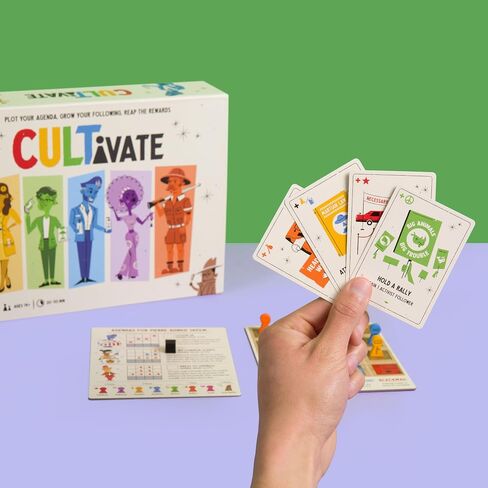 Cultivate Board Game | Award-Winning | Satirical Cult Leaders | Casual Board Game | Take-That | Ages 14+ | for 2-5 Players | 20-50 Min Playtime | Made by Pops & Bejou Games in Saudi Arabia