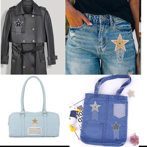 Iron on Patches DIY Rhinestone Star Applique Repair Patch for Clothes Dress Pants Jeans Hats Bags Clothing Embellishment (2 Gold Stars+2 Silver Stars) in Kuwait