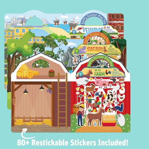 كتاب ملصقات منتفخ للأطفال - كتاب ملصقات قابل لإعادة الاستخدام للأطفال الصغار 1-3، كتب ملصقات للأطفال 2-4 مع أكثر من 80 ملصقًا قابلاً لإعادة اللصق، ألعاب للفتيات والأولاد من سن 4 إلى 8 سنوات، أنشطة الأطفال الصغار للسفر بالسيارات والطائرات in Kuwait