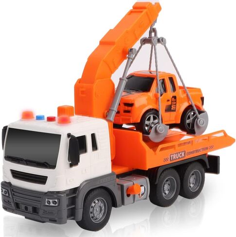 ArtCreativity Light Up Tow Truck Toy, Scale Model Tow Truck with Movable Flat Bed, Lights, Sound, and Small Car Toy for Kids, Interactive Tow Truck Toys for Boys and Girls, for Ages 3 and Up in Saudi Arabia