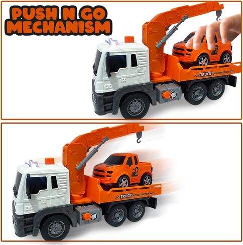 ArtCreativity Light Up Tow Truck Toy, Scale Model Tow Truck with Movable Flat Bed, Lights, Sound, and Small Car Toy for Kids, Interactive Tow Truck Toys for Boys and Girls, for Ages 3 and Up in Saudi Arabia