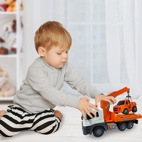 ArtCreativity Light Up Tow Truck Toy, Scale Model Tow Truck with Movable Flat Bed, Lights, Sound, and Small Car Toy for Kids, Interactive Tow Truck Toys for Boys and Girls, for Ages 3 and Up in Saudi Arabia