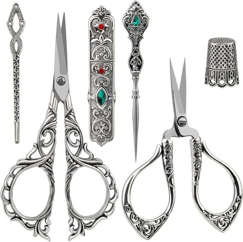 طقم مقص تطريز UOOU مكون من 6 قطع، مقص تطريز عتيق يتضمن زوجين من مقص عتيق، كشتبان، مخرز، حقيبة إبرة وإبرة، مجموعة مقص كاملة لأدوات الخياطة اليدوية (نحاس أحمر) in Kuwait