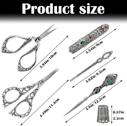 طقم مقص تطريز UOOU مكون من 6 قطع، مقص تطريز عتيق يتضمن زوجين من مقص عتيق، كشتبان، مخرز، حقيبة إبرة وإبرة، مجموعة مقص كاملة لأدوات الخياطة اليدوية (نحاس أحمر) in Kuwait