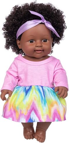 ZQDOLL 11.8 Inch Black Baby Girl Doll and Clothes Set African American Realistic Soft Silicone Washable Dark Skin Baby Doll with Cute Curly Hair and Rainbow Color Dress-Best Gift for Kids Girls in Kuwait