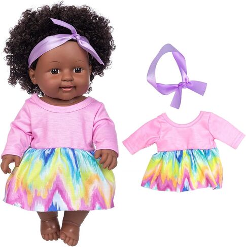 ZQDOLL 11.8 Inch Black Baby Girl Doll and Clothes Set African American Realistic Soft Silicone Washable Dark Skin Baby Doll with Cute Curly Hair and Rainbow Color Dress-Best Gift for Kids Girls in Kuwait