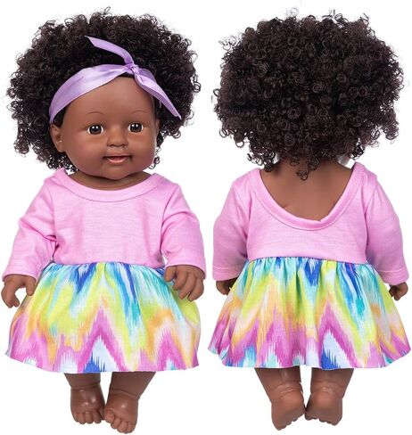ZQDOLL 11.8 Inch Black Baby Girl Doll and Clothes Set African American Realistic Soft Silicone Washable Dark Skin Baby Doll with Cute Curly Hair and Rainbow Color Dress-Best Gift for Kids Girls in Kuwait