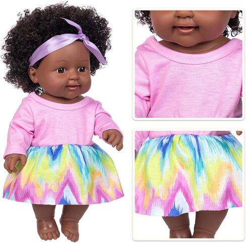 ZQDOLL 11.8 Inch Black Baby Girl Doll and Clothes Set African American Realistic Soft Silicone Washable Dark Skin Baby Doll with Cute Curly Hair and Rainbow Color Dress-Best Gift for Kids Girls in Kuwait