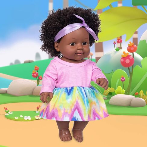 ZQDOLL 11.8 Inch Black Baby Girl Doll and Clothes Set African American Realistic Soft Silicone Washable Dark Skin Baby Doll with Cute Curly Hair and Rainbow Color Dress-Best Gift for Kids Girls in Kuwait